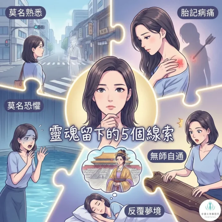 前世記憶的5個特徵拼圖：既視感、胎記病痛、莫名恐懼、無師自通天賦、反覆歷史夢境，拼湊出靈魂的線索。