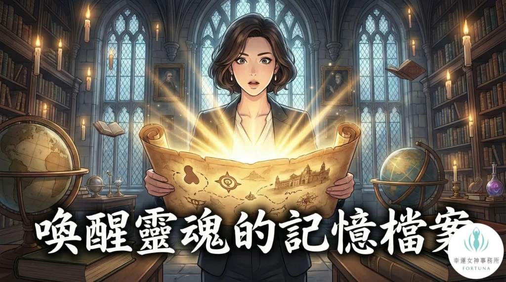 喚醒前世記憶首圖：現代女性在古老圖書館中展開發光的靈魂地圖，手指觸碰符號激發記憶光芒，象徵探索潛意識。