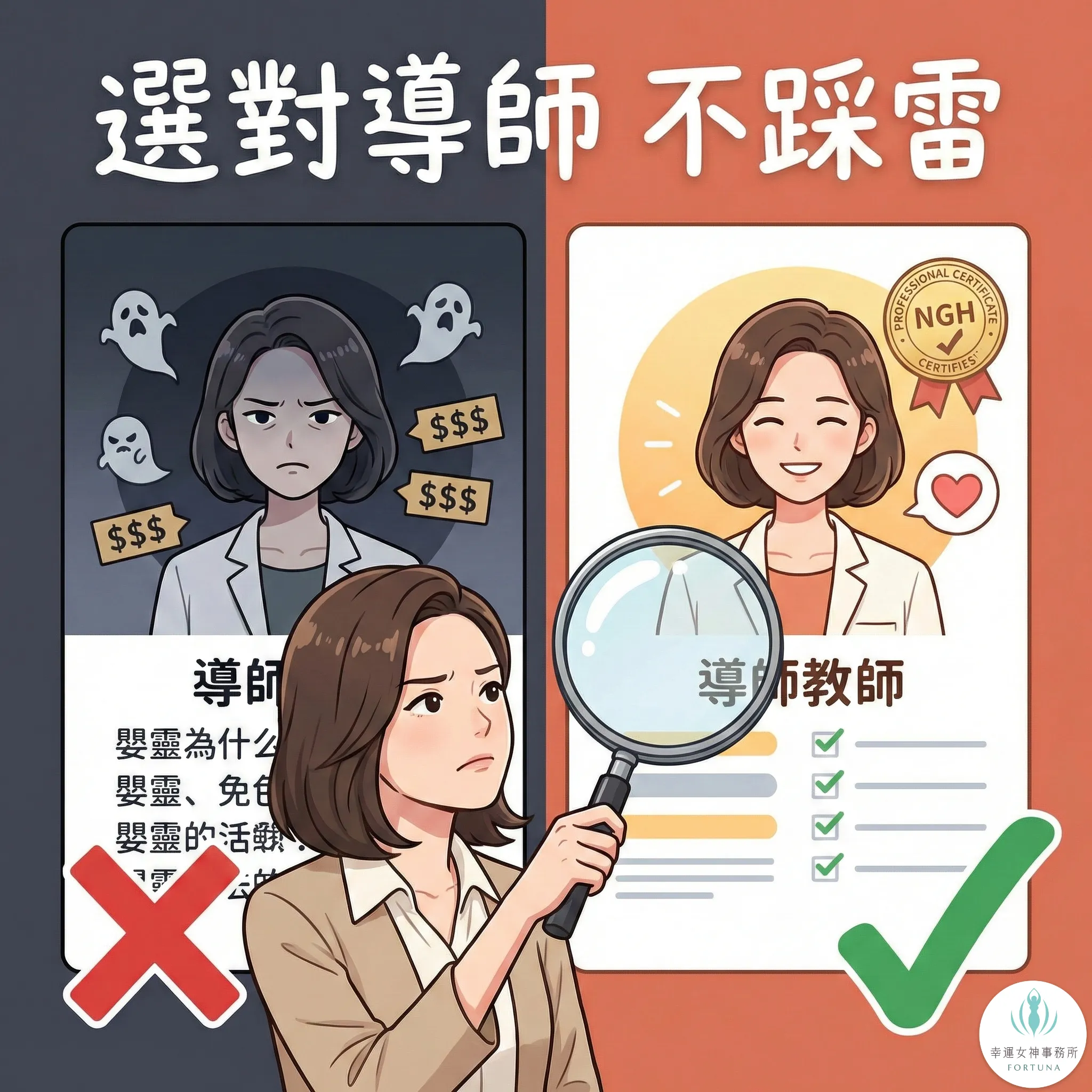 前世回溯老師選擇攻略：女性手持放大鏡檢視催眠師檔案，左側為恐嚇行銷與隱藏收費的雷區，右側為具備證照與正面評價的專業導師。