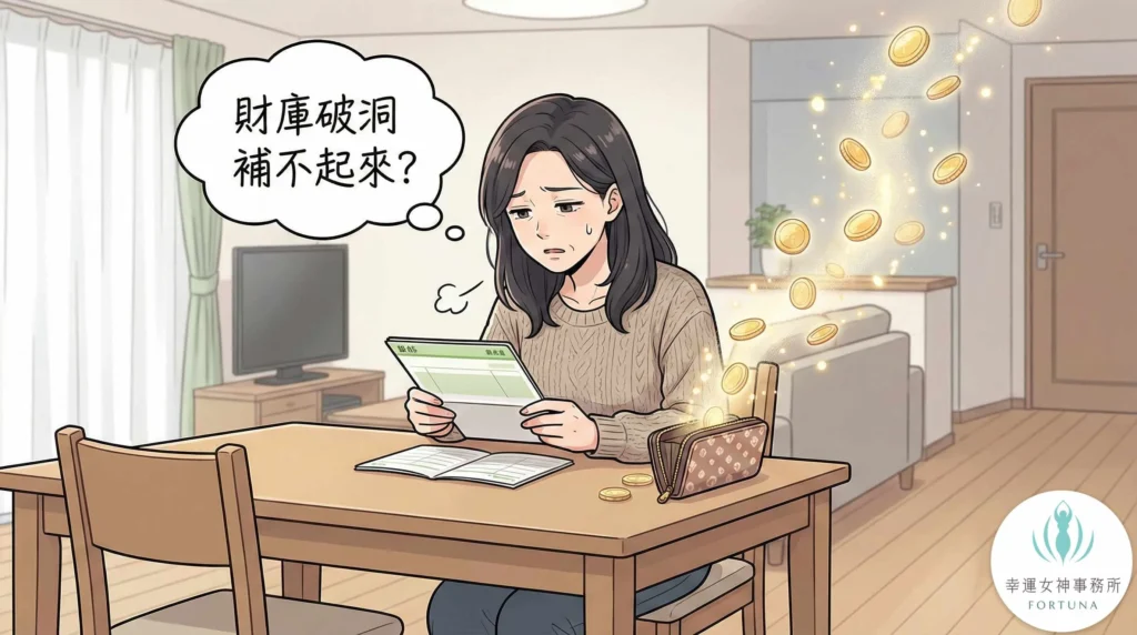 觀元辰宮主角，一位30多歲的女性在整潔的家中看著存摺嘆氣，她身邊的錢包裡，金色的財氣正化作光點不斷從隱形的破洞流失飄走，漫畫風格呈現財庫破洞補不起來的無奈景象。