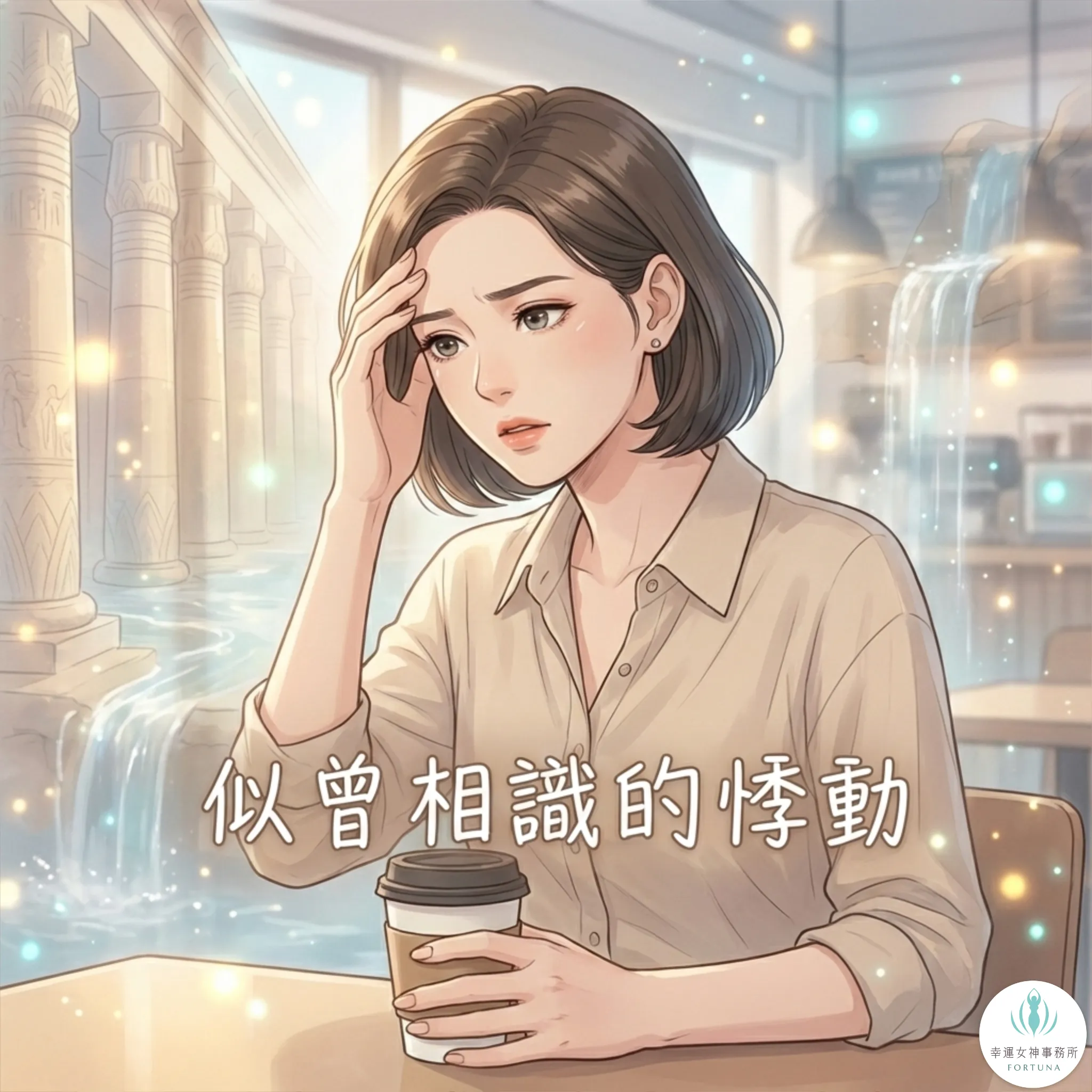 魏斯博士的前世今生療法:現代女性感受到既視感 (Déjà vu),背景浮現古埃及影像,象徵前世記憶浮現。