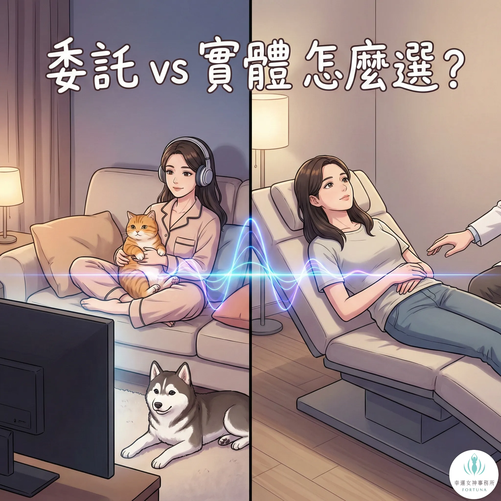 委託代觀前世回溯與實體前世催眠比較：左側委託代觀前世回溯舒適放鬆，右側實體工作室前世催眠專業引導，象徵能量不受距離限制。