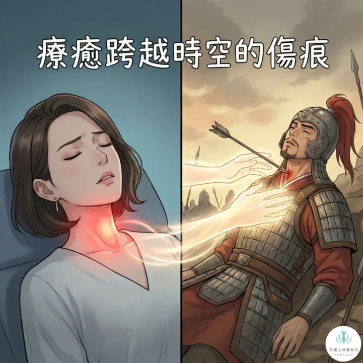 前世記憶療癒案例：催眠中現代女性喉嚨痛與古代士兵中箭的場景連結，透過金白色療癒之光跨越時空修復創傷。