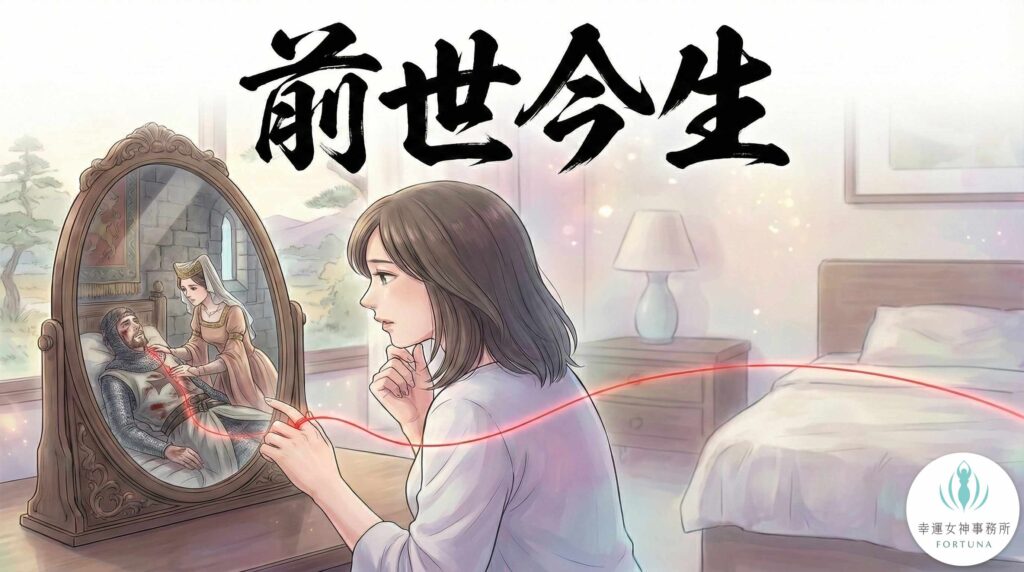 一位現代女性凝視著一面古鏡，鏡中顯現她前世穿著古裝照顧受傷男性的場景。一條發光的命運紅線從鏡中延伸出來，繫在她的手指上。圖片上方有巨大的毛筆書法字體「前世今生」。漫畫風格示意為何總愛上需要被拯救的人。