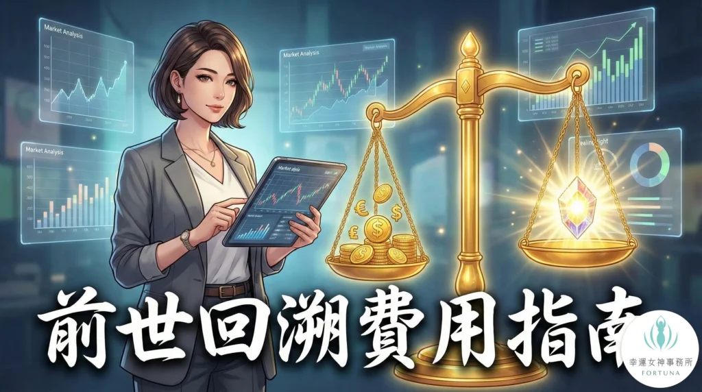 前世回溯費用指南首圖：現代女性評估催眠服務的價格與價值，天秤象徵靈魂療癒的價值高於金錢成本