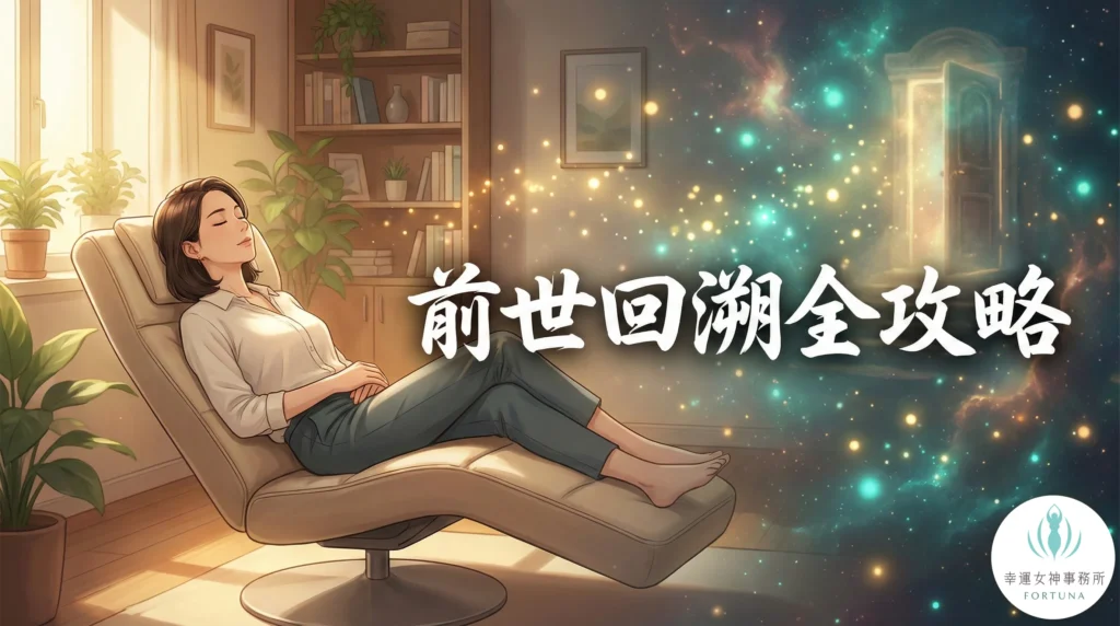 前世回溯催眠全攻略：女性在舒適的催眠室中放鬆，背景融合腦波與潛意識的夢幻光影，象徵安全的身心靈探索。