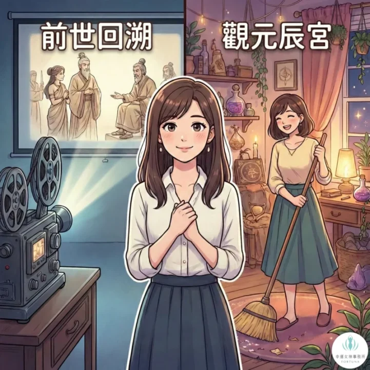 前世回溯與元辰宮的差別：左側象徵觀看前世電影找尋原因，右側象徵打掃元辰宮心靈房間改善運勢。