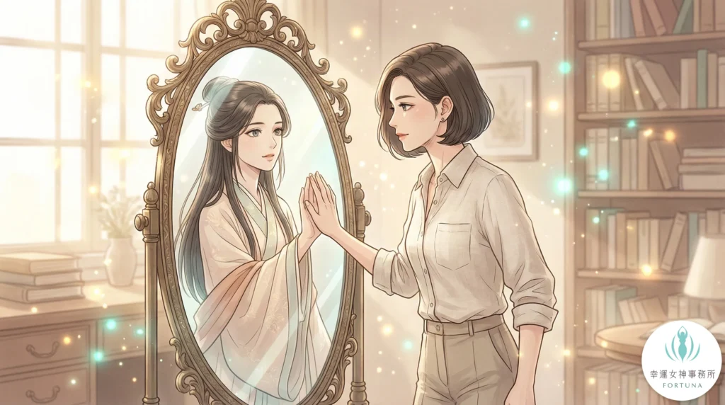 前世今生是真的嗎?現代女性與古代靈魂在鏡中對視,象徵前世記憶與輪迴轉世的連結。