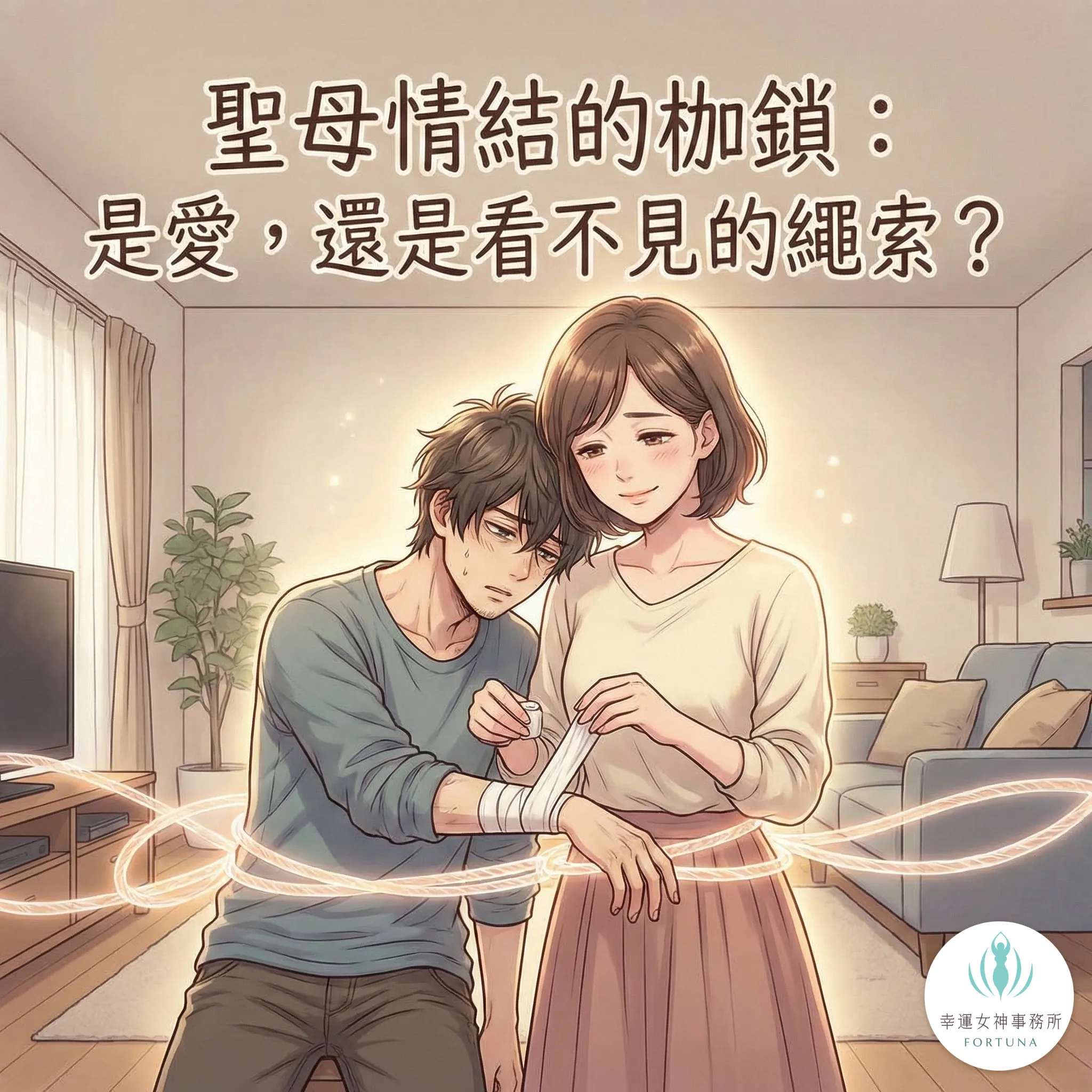前世今生個案中，一位帶有微光環的女性溫柔地為依賴在她身邊的男性包紮傷口，兩人被一條發光的隱形繩索緊緊綁住。標題文字寫著「聖母情結的枷鎖：是愛，還是看不見的繩索？」，日本現代清新漫畫風格示意不對等且難以抽離的關係。