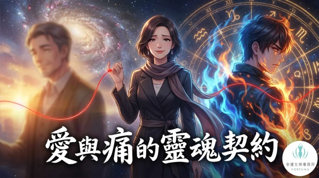 靈魂伴侶與雙生火焰：現代女性手中的命運紅線連結著溫暖的靈魂伴侶與激烈的雙生火焰鏡像，象徵前世因緣的愛與痛。
