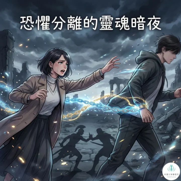 雙生火焰的追逐與逃跑：女性痛苦追逐著逃避的伴侶，背景顯示前世創傷的影子，象徵恐懼導致的分離與靈魂暗夜。