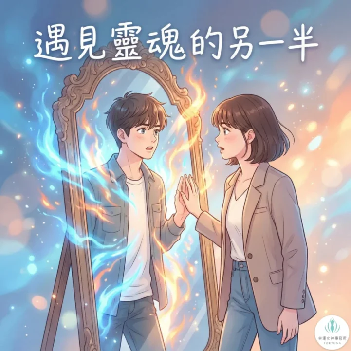 雙生火焰的鏡像：女性在鏡中看見散發強烈能量的靈魂另一半，象徵雙生火焰相遇時的強烈連結與自我映照。