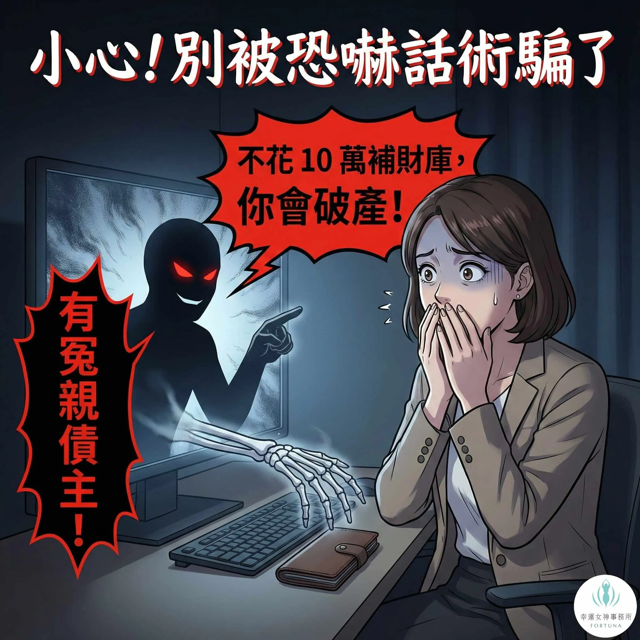 警惕元辰宮詐騙:遭遇恐嚇話術要求高額費用的情境示意圖