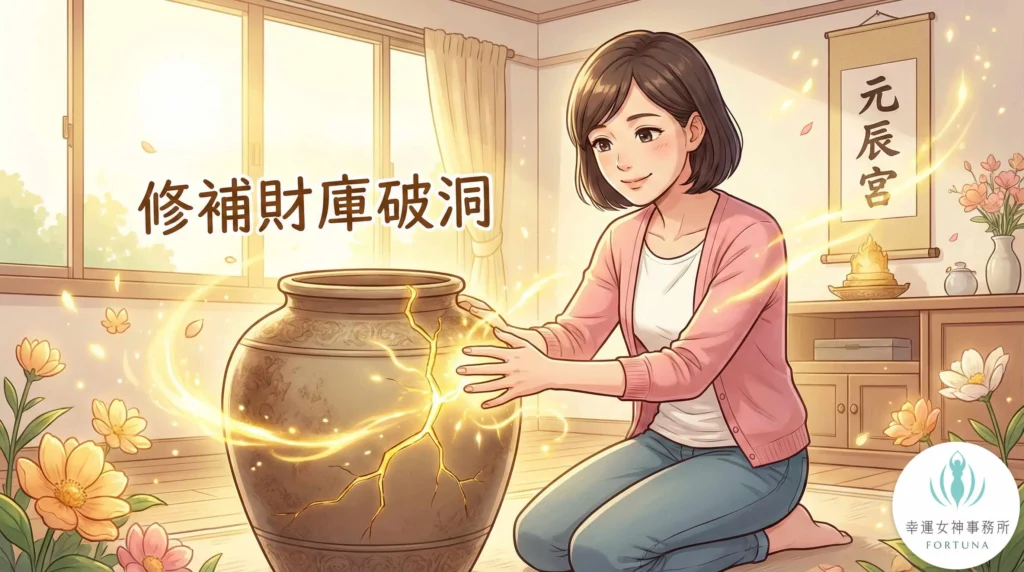 一位30多歲台灣女性在充滿金色光芒的元辰宮房間內，微笑著用能量修補一個巨大的裂縫財庫甕，圖片文字寫著「修補財庫破洞」，象徵透過觀元辰宮啟動靈魂居所的正向能量，漫畫風格呈現療癒過程。