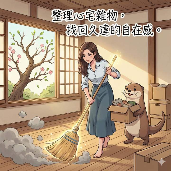元辰宮PTT網友真實分享:觀後遺症與注意事項 (2026) 4 漫畫插圖顯示女性正在清理元辰宮心宅內的雜物,有可愛的水獺管家協助,窗外生命樹發芽開花,象徵運勢好轉。