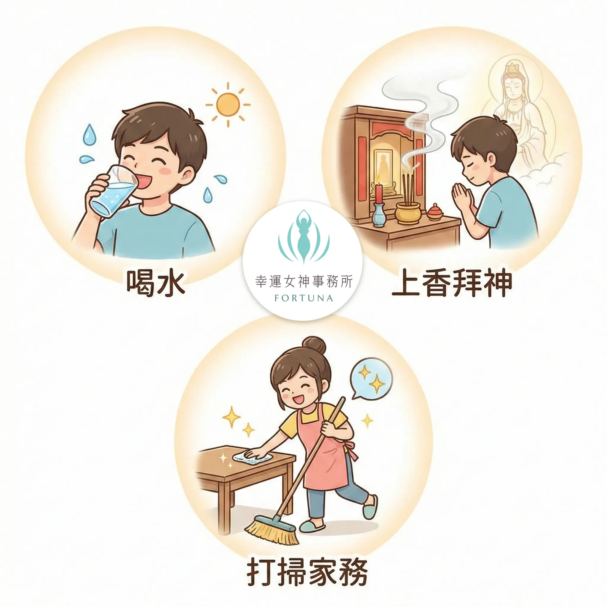三個圓形插圖，分別展示一個人快樂喝水、虔誠上香拜神、以及勤快打掃家務的生活場景。