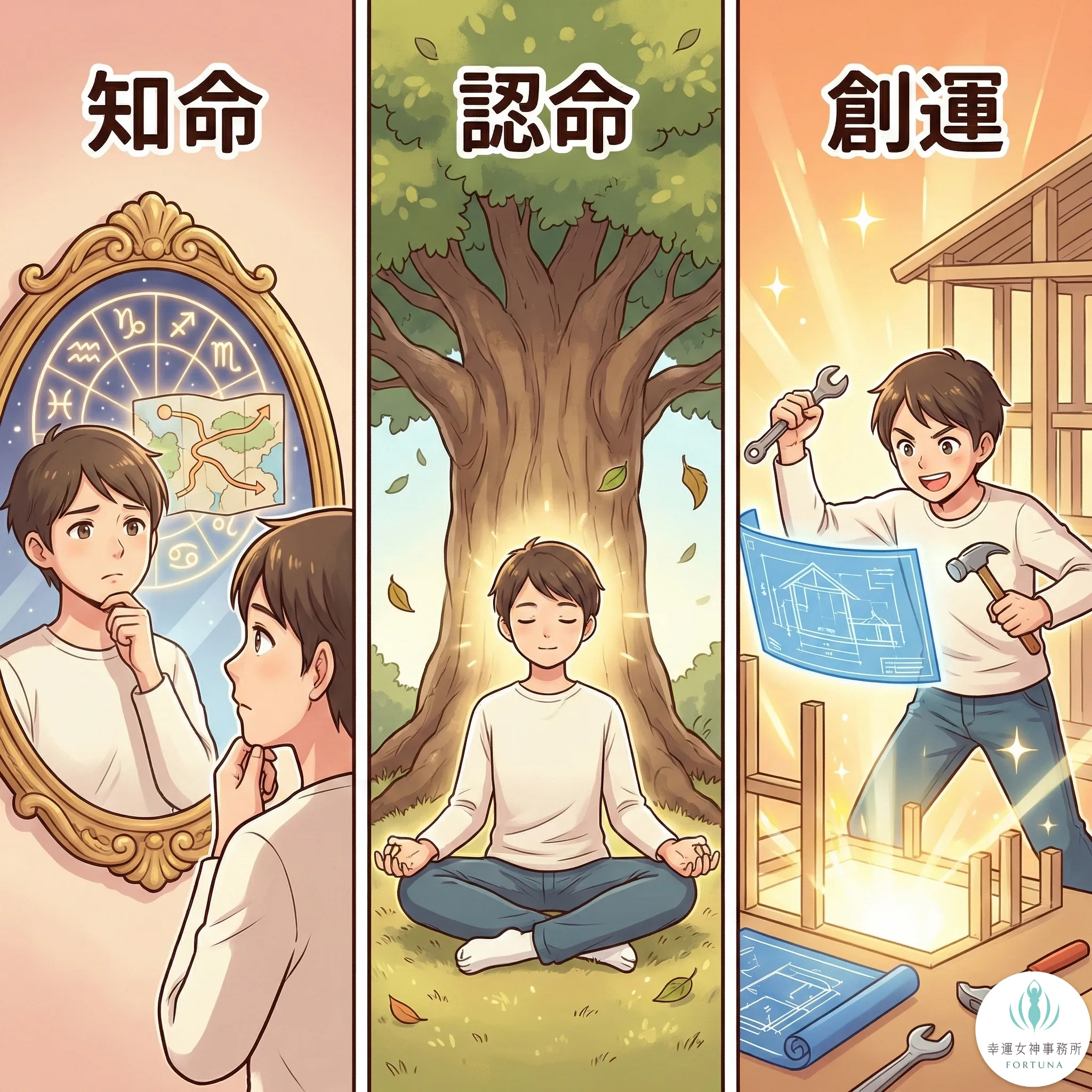 三格漫畫圖示，分別展示一個人面對鏡子思考「知命」、在樹下平靜冥想「認命」、以及積極拿工具建造「創運」的過程。