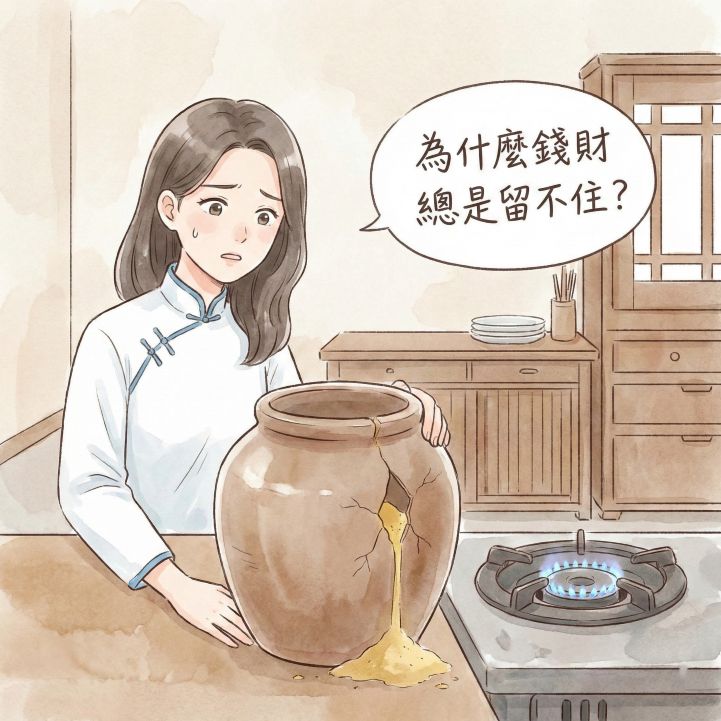 日本清新漫畫風格插圖，描繪一位女性在元辰宮廚房內，看著破裂且空的米缸漏出金沙，象徵現實生活中漏財的困境，並配有手寫文字「為什麼錢財總是留不住？」。