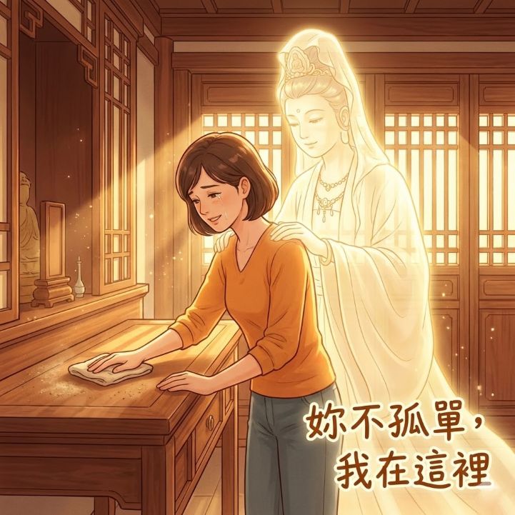 在元辰宮中擦拭神桌的女性，身後有發光的守護神溫柔陪伴，象徵內在療癒與找回力量的溫馨插畫。