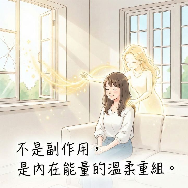 觀元辰宮後遺症，展示專業導師在明亮的元辰宮內，以金光協助女性修復破損窗戶，將灰塵轉化為光點，象徵安全的內在療癒過程而非負面後遺症，配有手寫文字「不是副作用，是內在能量的溫柔重組。」。