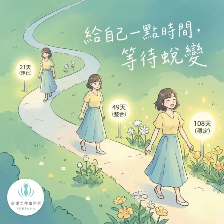漫畫風格的時間軸插圖，顯示女性在花園小徑上行走，標示著觀元辰宮後的21天淨化、49天整合與108天穩定三個階段，主角表情逐漸開朗，圖上有手寫字「給自己一點時間，等待蛻變」。