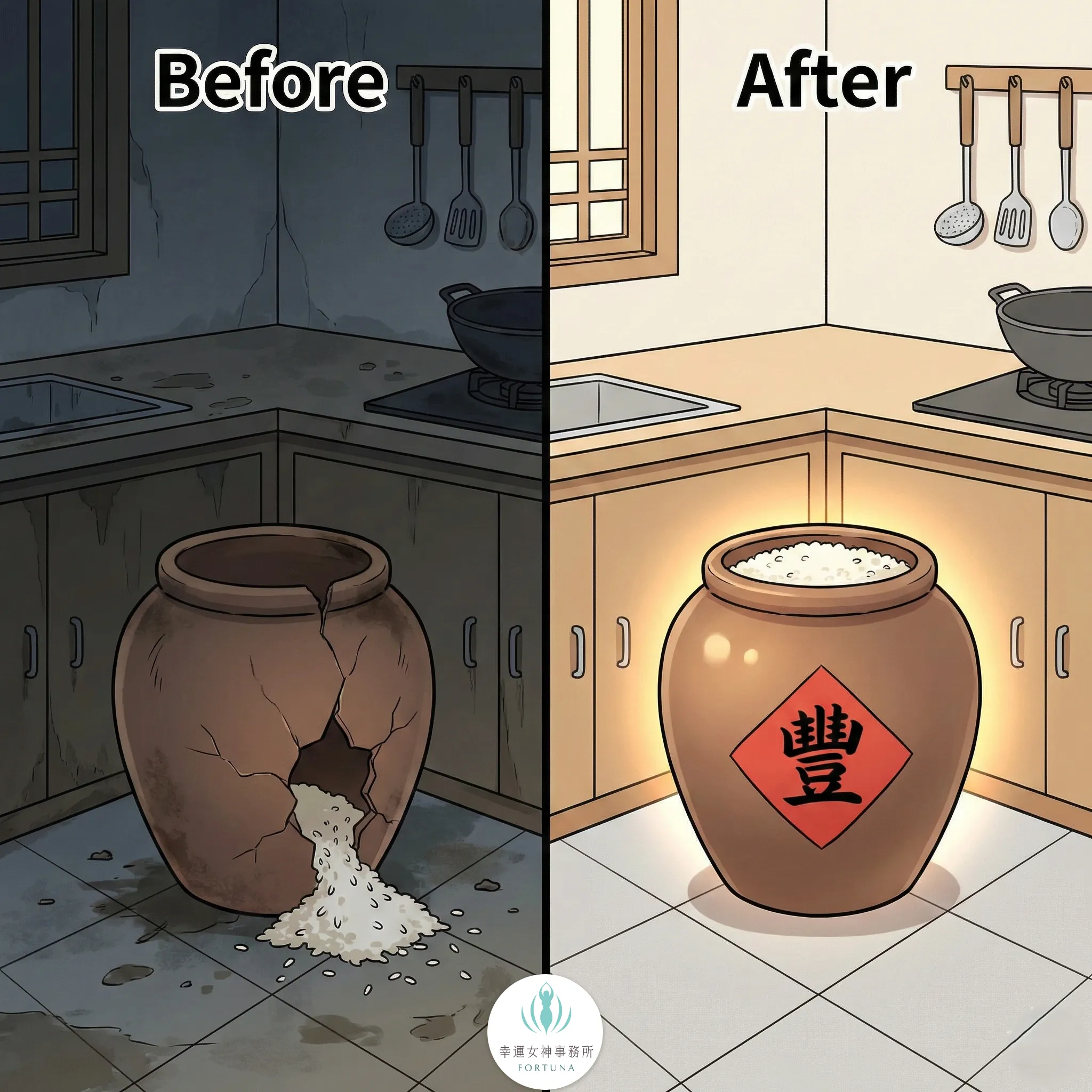 左右對比圖，左側是破洞漏米的舊米缸在髒亂廚房，右側是修復完好、貼有「豐」字的滿米缸在明亮廚房。