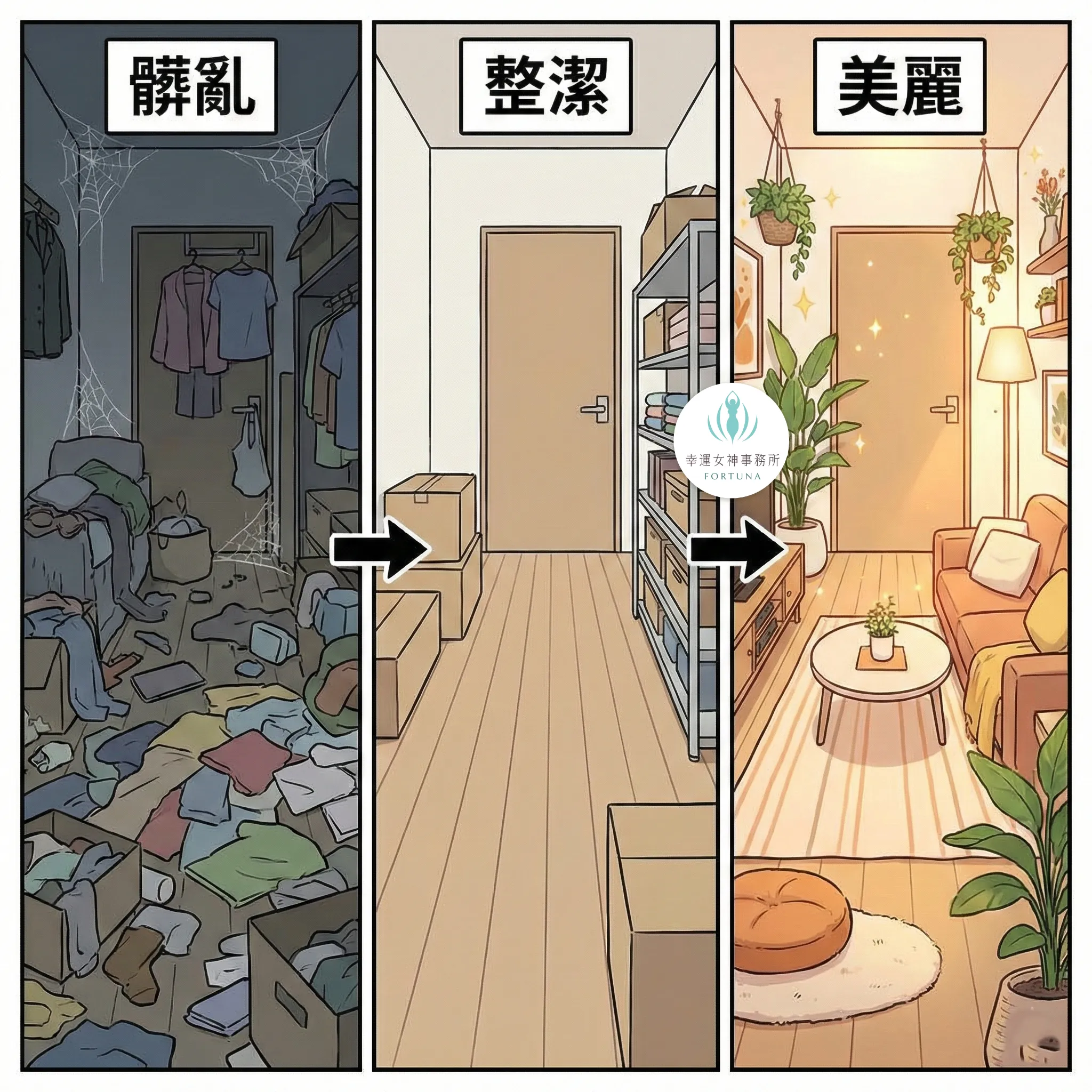 三格漫畫顯示同一房間的變化：左側「髒亂」雜物堆積，中間「整潔」物品歸位，右側「美麗」佈置溫馨且發光。