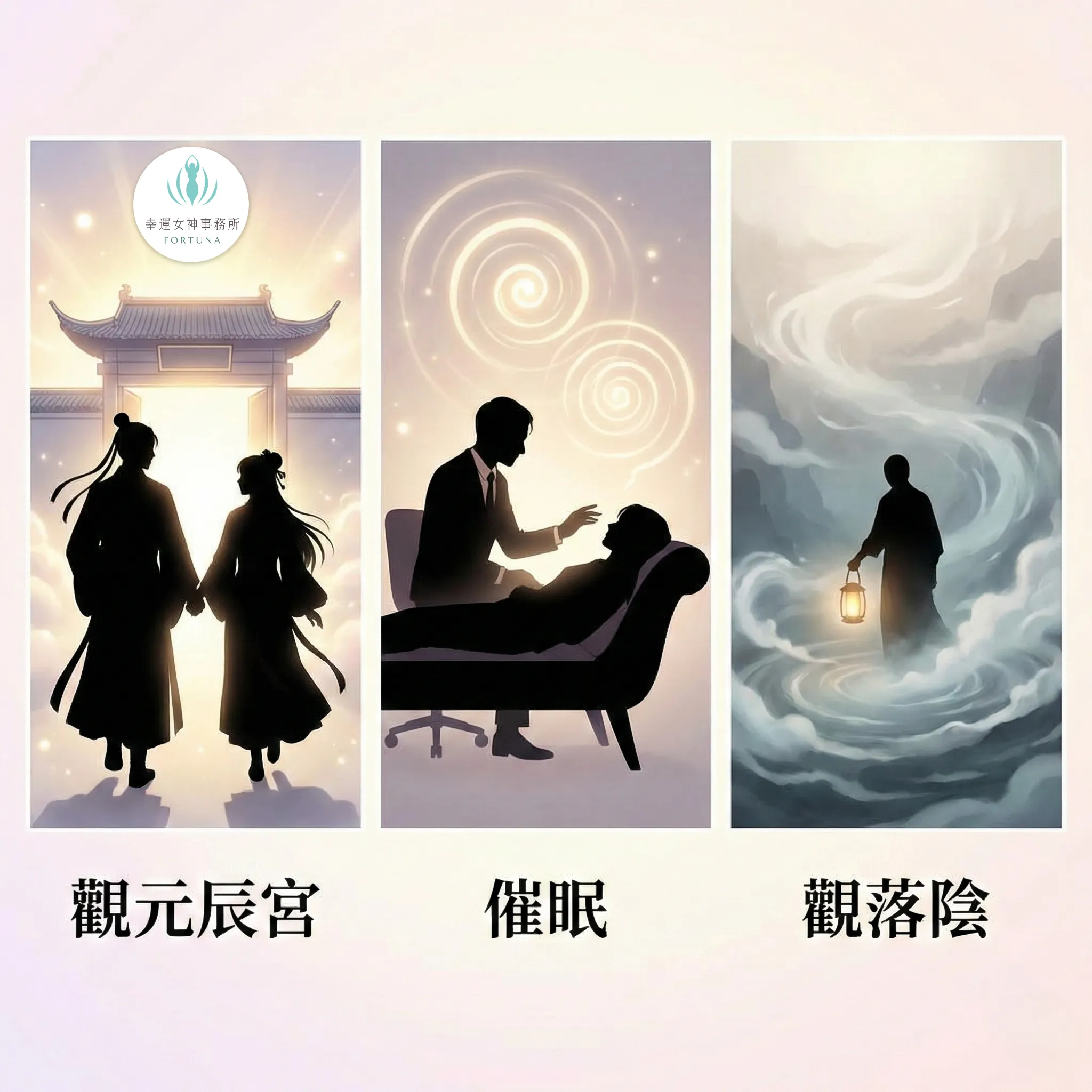 三個並排的剪影插圖，分別展示兩人並行進入光門的「觀元辰宮」、治療師引導躺臥者的「催眠」、一人提燈下探迷霧的「觀落陰」。