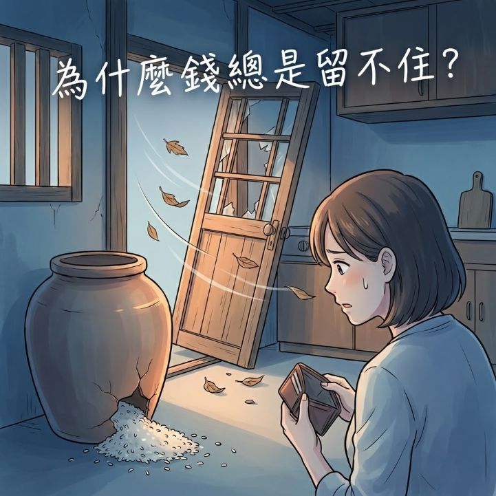 觀元辰宮是什麼?揭開靈魂居所的秘密: 改運、招財與感情修復的完整指南 3 元辰宮是什麼-元辰宮廚房插圖,米缸破裂漏米,後門破損被風吹開,象徵現實生活中錢財留不住與漏財的困境。