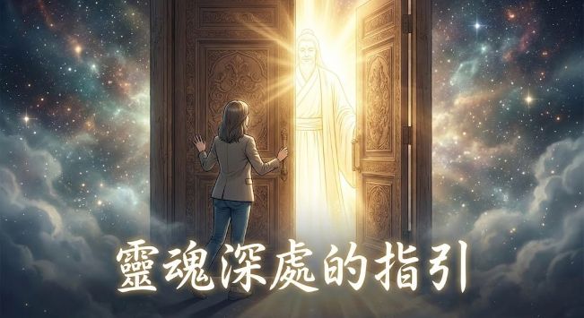 元辰宮守護神在金色光芒中指引現代女性，象徵靈魂內在的導師與療癒