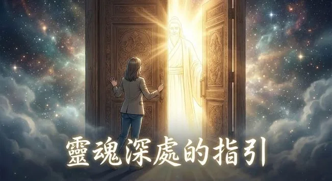 元辰宮守護神在金色光芒中指引現代女性，象徵靈魂內在的導師與療癒