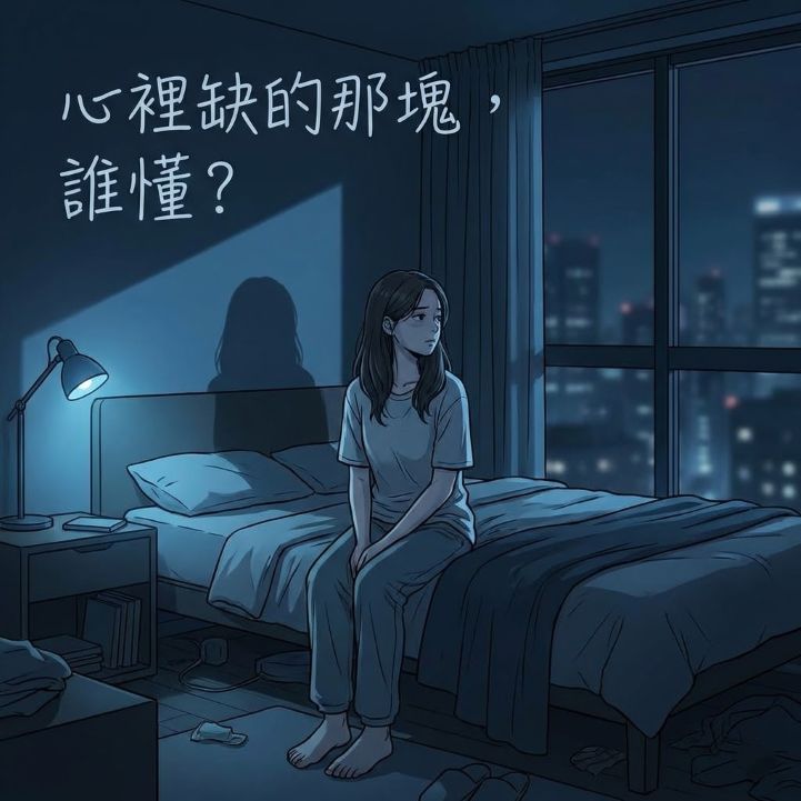 深夜獨自坐在床邊的現代女性，感到內心空虛與迷惘，渴望尋找心靈支柱與元辰宮守護神。