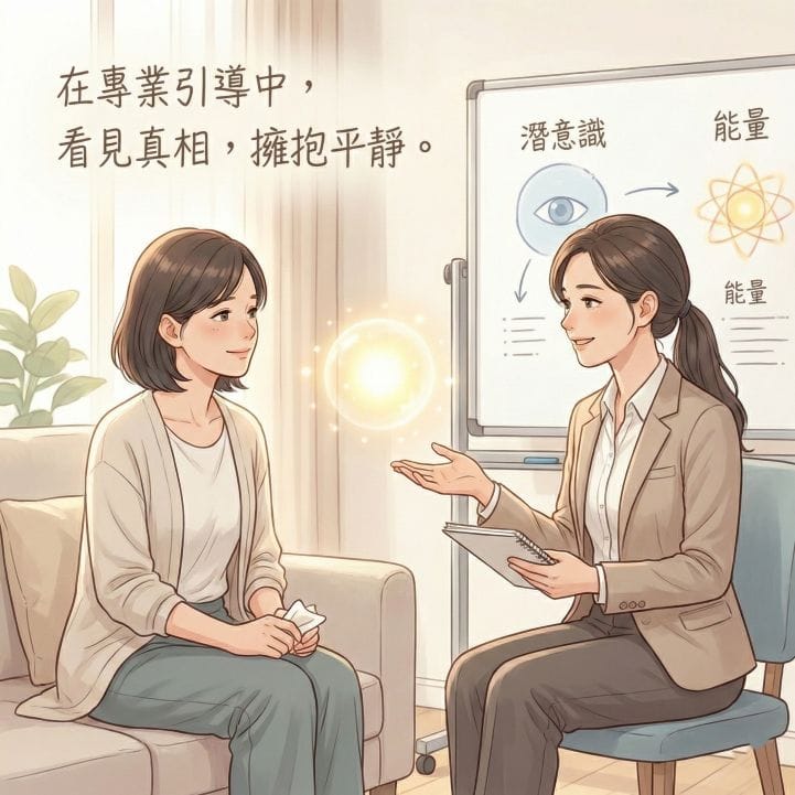 一位女子在專業老師的引導下，臉上露出釋然的表情，諮詢室內充滿溫暖的光芒與象徵洞見的能量球，手寫文字寫著「在專業引導中，看見真相，擁抱平靜。」元辰宮後遺症