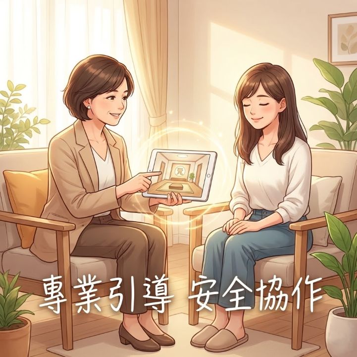 觀元辰宮是什麼?揭開靈魂居所的秘密: 改運、招財與感情修復的完整指南 4 專業導師在一對一諮詢室中,使用平板電腦引導女性個案觀看元辰宮心宅畫面,強調安全協作的過程。