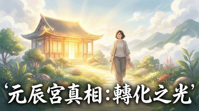 一位女子在溫暖光芒引導下，走向象徵元辰宮的發光房子，背景是充滿希望的日系漫畫風景，文字標題為「元辰宮真相：轉化之光」