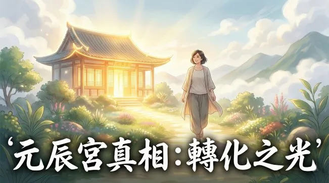 一位女子在溫暖光芒引導下，走向象徵元辰宮的發光房子，背景是充滿希望的日系漫畫風景，文字標題為「元辰宮真相：轉化之光」