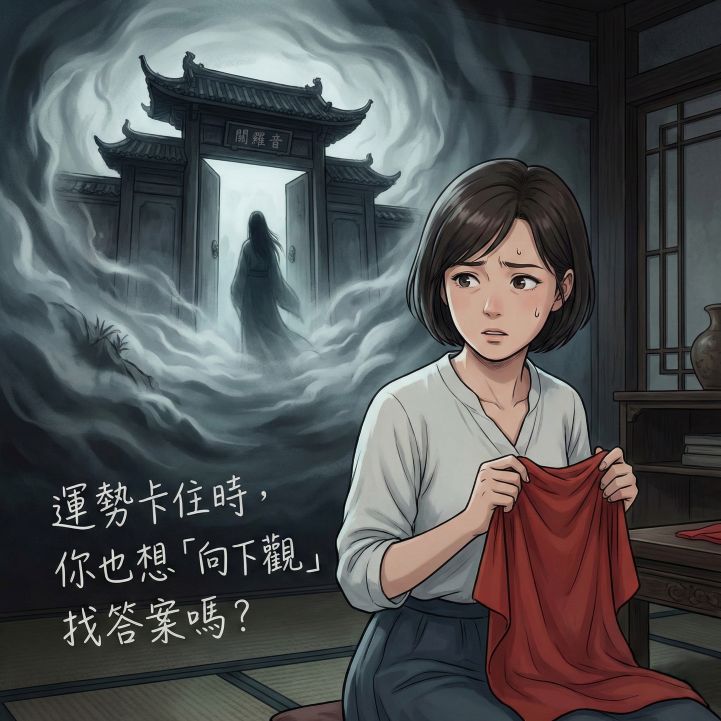 觀落陰是什麼?2026完整指南|元辰宮與心宅調整的專業區隔 4 一位感到困惑的現代女性,手中拿著紅布,背後浮現出傳統觀落陰的陰暗景象,配上手寫文字「運勢卡住時,你也想『向下觀』找答案嗎?」。觀落陰是什麼?