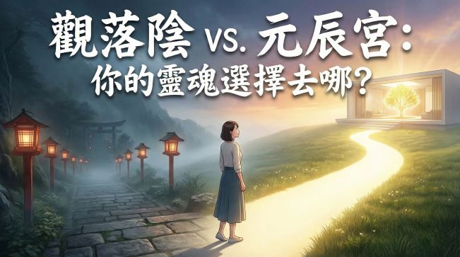 一位現代女性站在靈性岔路口，左邊是通往陰暗觀落陰的路，右邊是通往明亮元辰宮心宅的路，上方有「觀落陰 vs. 元辰宮：你的靈魂選擇去哪？