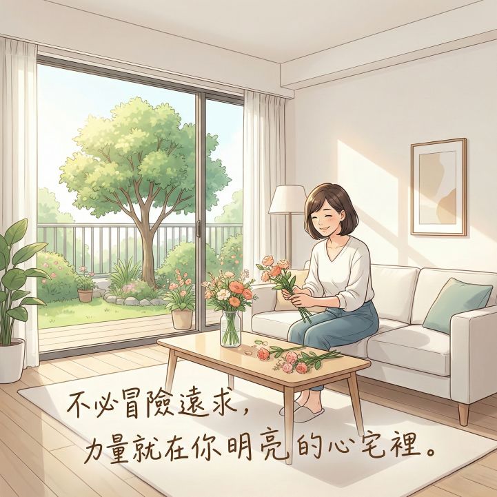 觀落陰是什麼?2026完整指南|元辰宮與心宅調整的專業區隔 3 一位現代女性在明亮、整潔的元辰宮心宅客廳裡,面帶微笑整理花卉,窗外是茂盛的生命花園,配上手寫文字「不必冒險遠求,力量就在你明亮的心宅裡。」。