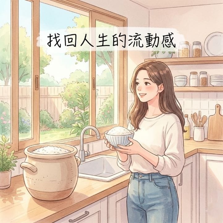 元辰宮推薦指南:教你如何選擇親面或代觀,找回人生的流動感 4 一位女性微笑著站在充滿陽光的廚房裡,手中端著一碗滿滿的米飯,旁邊有一個完好無損且裝滿米的大米缸。窗外是生機勃勃的花園。圖片文字寫著「找回人生的流動感」。