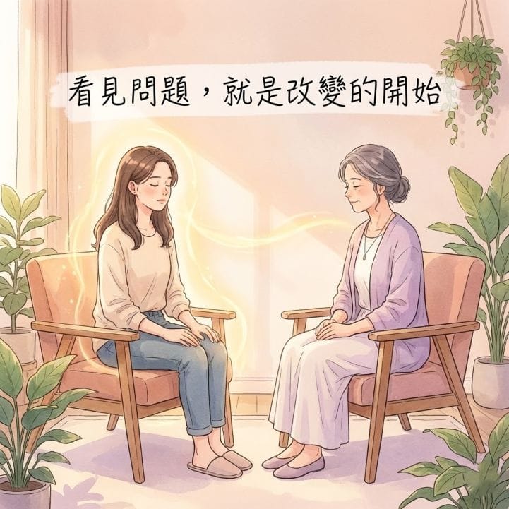 元辰宮推薦指南:教你如何選擇親面或代觀,找回人生的流動感 3 在明亮的諮詢室中,一位女性閉著眼睛接受專業導師的引導,進行元辰宮親面服務。兩人之間有金色的能量光暈流動。圖片文字寫著「看見問題,就是改變的開始」。
