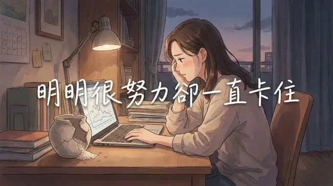一位女性在黃昏時分坐在書桌前，看著電腦螢幕感到壓力和困惑，桌上有一個破掉的米缸。圖片文字寫著「明明很努力卻一直卡住」，象徵需要元辰宮推薦服務來解決生活停滯感。