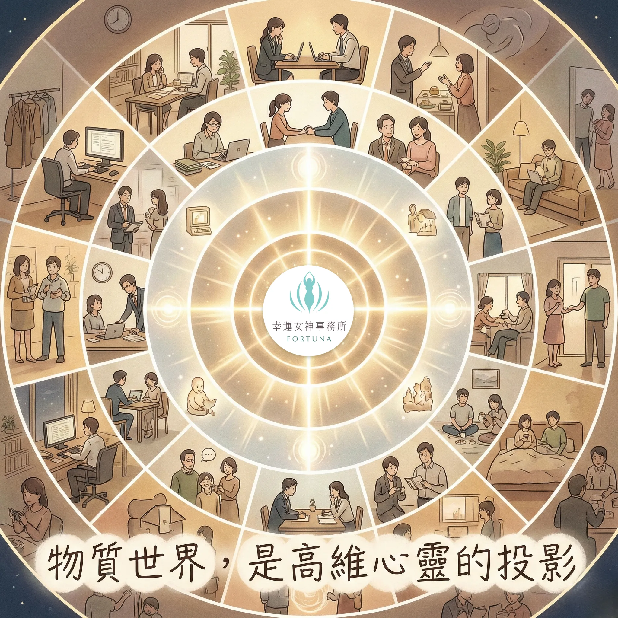 同心圓結構圖，展示高維度光源投射出低維度物質生活場景的元辰宮原理。