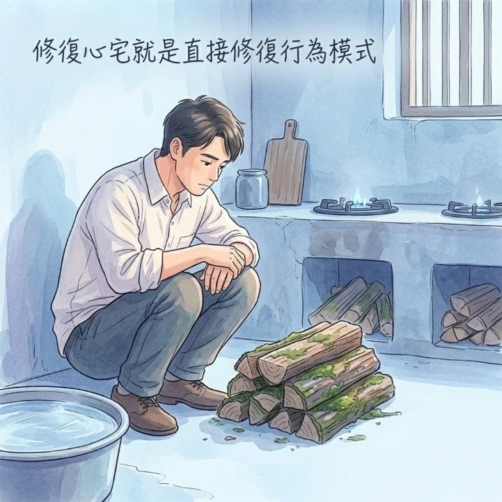 38歲台灣男性咖啡店老闆 Ken，在元辰宮冰冷的廚房角落，看著濕柴火，神情憔悴，背景有著微火苗的爐灶與結冰的水缸。畫面使用薄霧蜜桃色調，文字「修復心宅就是直接修復行為模式」位於上方。象徵察覺並修復事業漏財盲點。