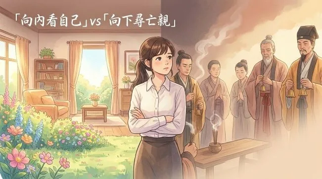 一張高質感的對比圖，左半部呈現充滿陽光、綠意與溫馨佈置的心宅透視圖（代表元辰宮），右半部則以較為肅穆的傳統廟宇法會、香火煙霧為意象（代表觀落陰），用視覺直接區分兩者的能量氛圍。