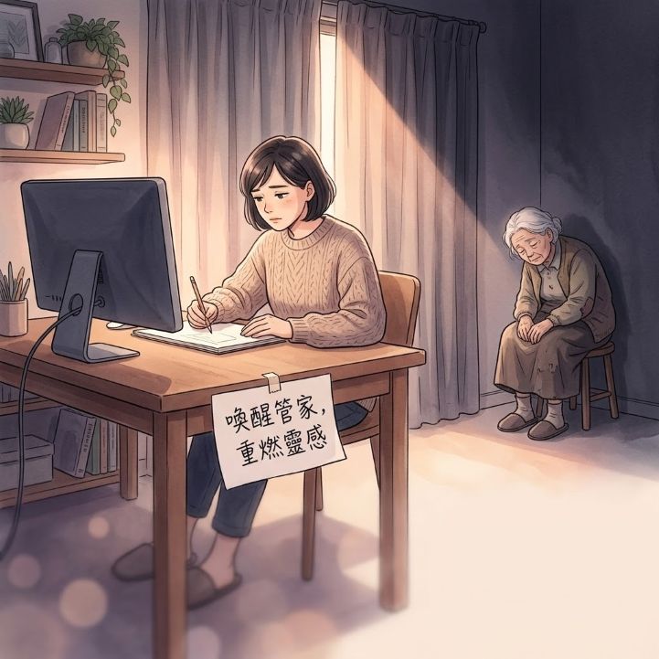 絲雨老師解析元辰宮管家反映個人處理日常事務的態度，老態龍鍾的管家在牆角打瞌睡，設計師低頭翻閱筆記本。