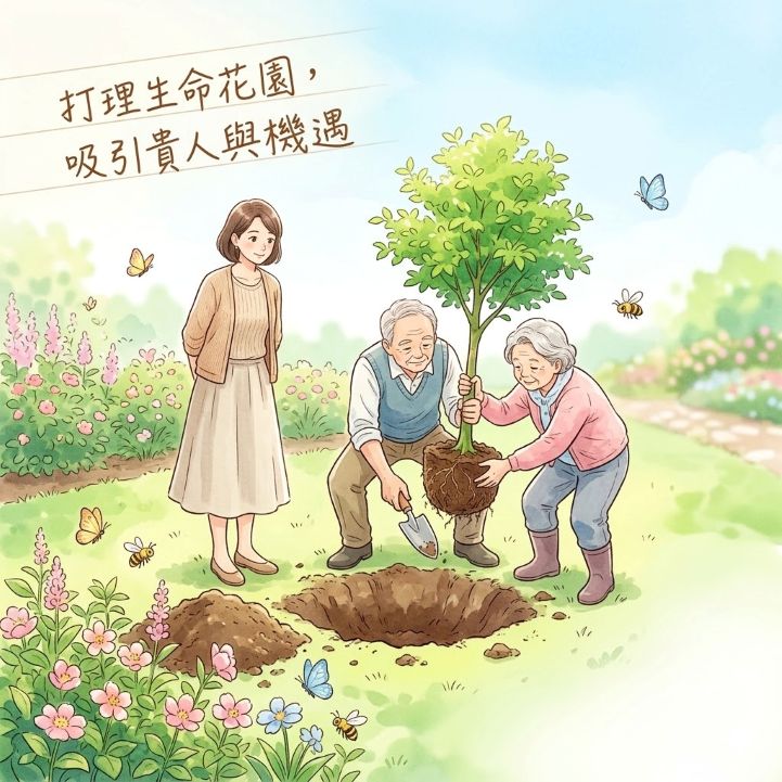 絲雨老師解析元辰宮花公花婆負責照料象徵健康的生命樹。花公花婆勤奮打理生命花園，茂盛翠綠生命樹移植。元辰宮守護神
