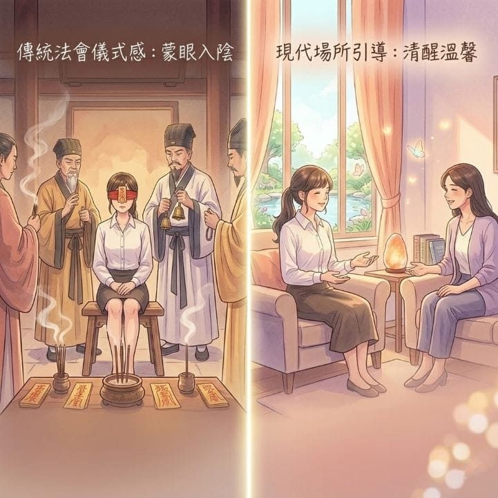 元辰宮觀落陰，左側為一名女子蒙眼坐在傳統廟宇法會的板凳上，身體僵硬，法師在她身後搖鈴、唸咒，周圍有符咒與香火。畫面使用轉折色調呈現肅穆儀式，右側圖案為觀元辰宮有老師引導安全沒煩惱。