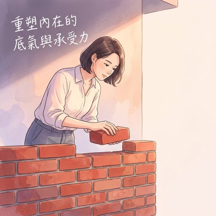 女性專注地在元辰宮房子一磚一瓦砌上堅固的牆面，象徵透過調整元辰宮紅磚屋來重塑內在底氣與穩固承受力。