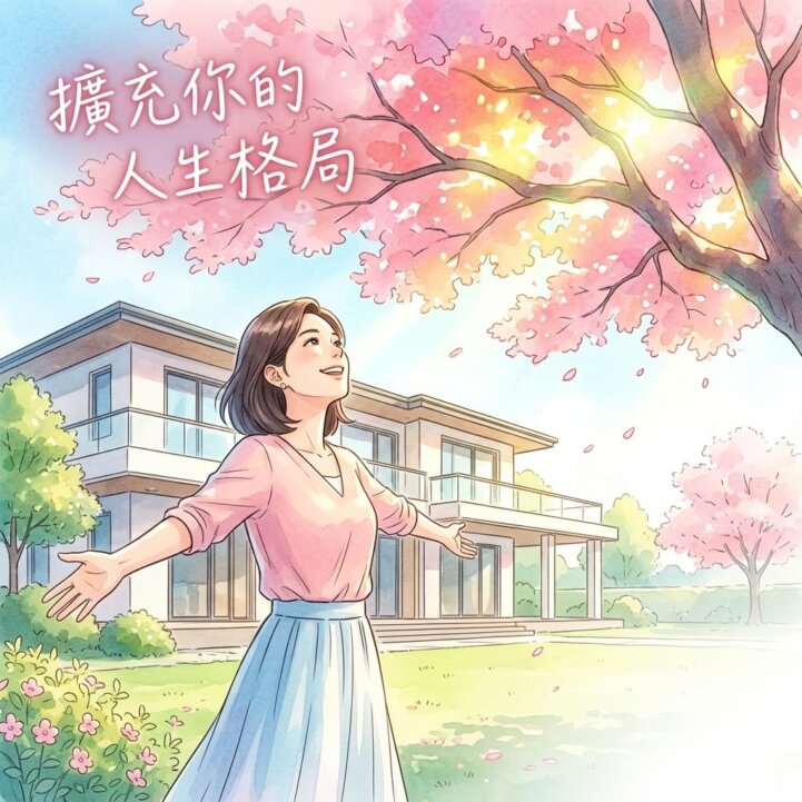 現代女性在陽光普照的元辰宮別墅前舒展雙臂，象徵調整元辰宮別墅後，成功擴充了人生格局與承接豐盛機遇的能力。